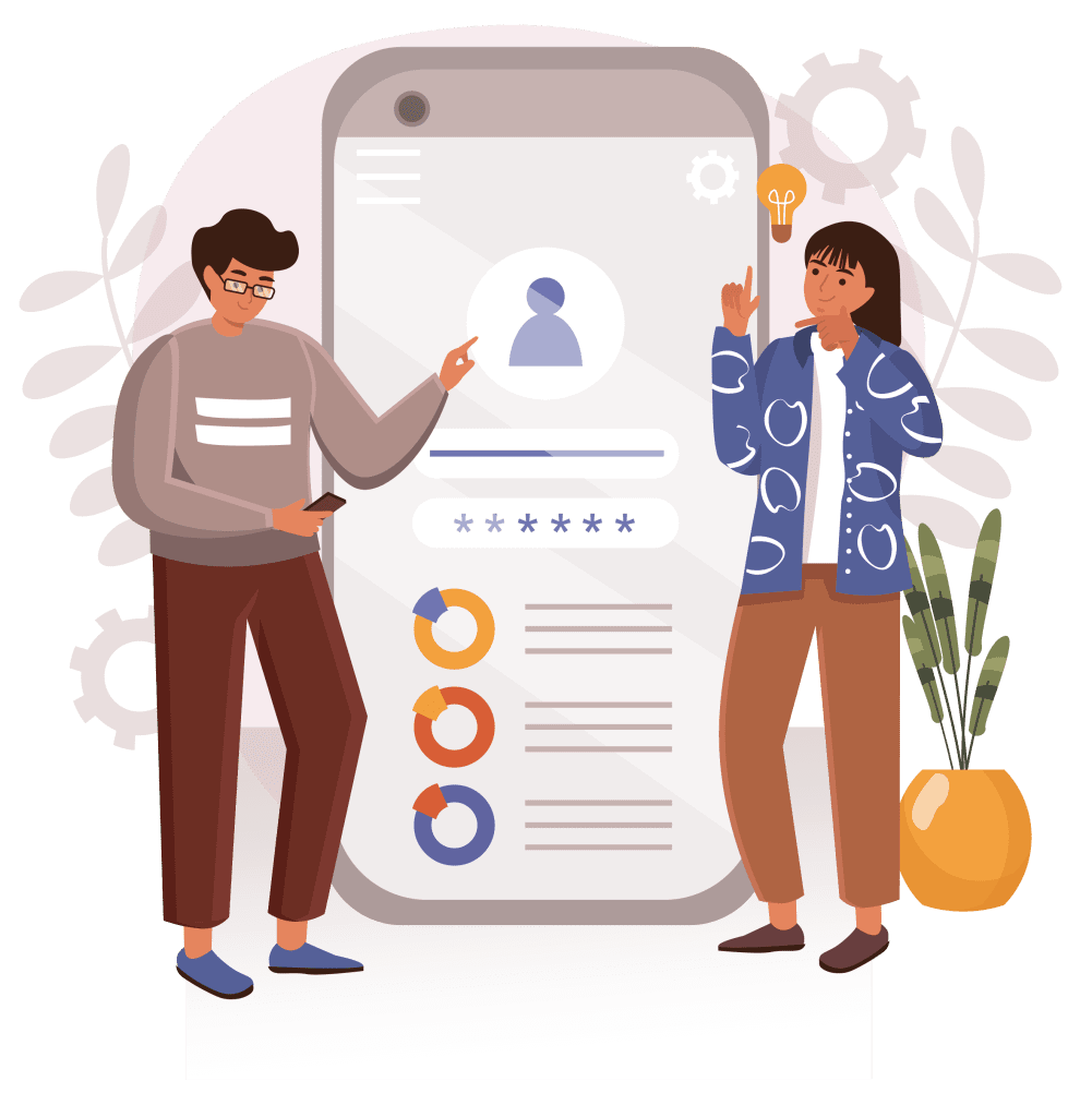 Graphic of 2 people stood in front of a mobile phone screen running an app, discussing user experience, one a client and the other a user experience consultant.