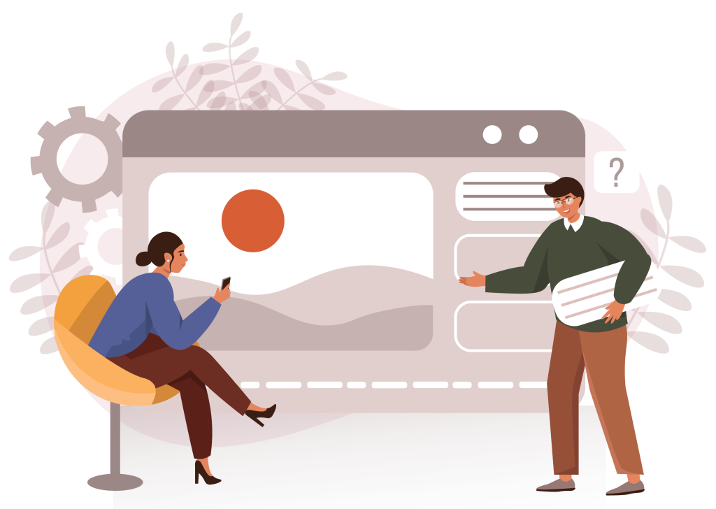 Graphic of 2 people stood in front of a computer software windows discussing user experience, one a client and the other a user experience consultant.