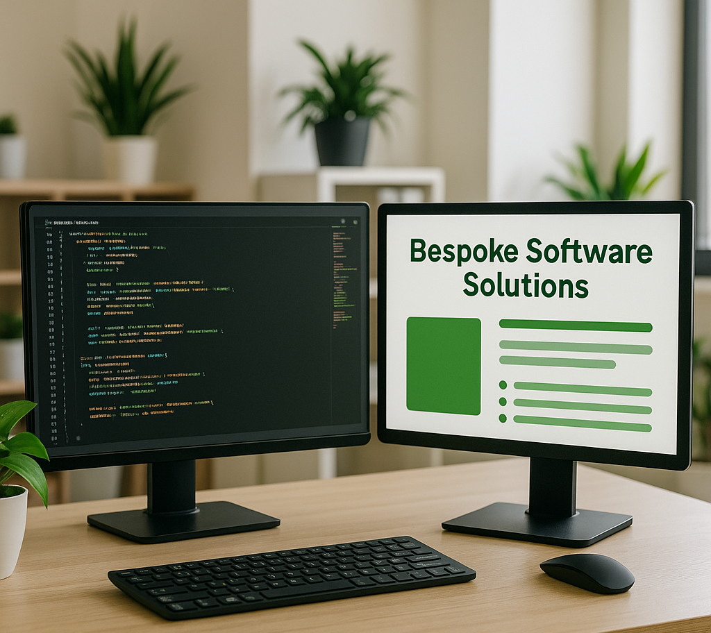 Photo showing two monitors one we code and the other says bespoke software solution.
