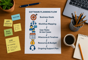 Photo of a desktop with laptop pencils, coffee plant and post its, and list of Software planning flow, to represent planning in software.