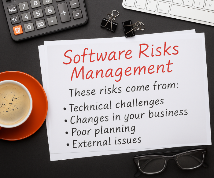 Photo of desk coffee, keyboard, calculator, with white paper and Software Risks Management written on it with a list of where the risks come from.