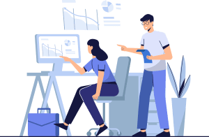 Graphic showing a person using a computer and the screen projected on the wall, another person is listening to the users opinion, to represent user acceptance tests.