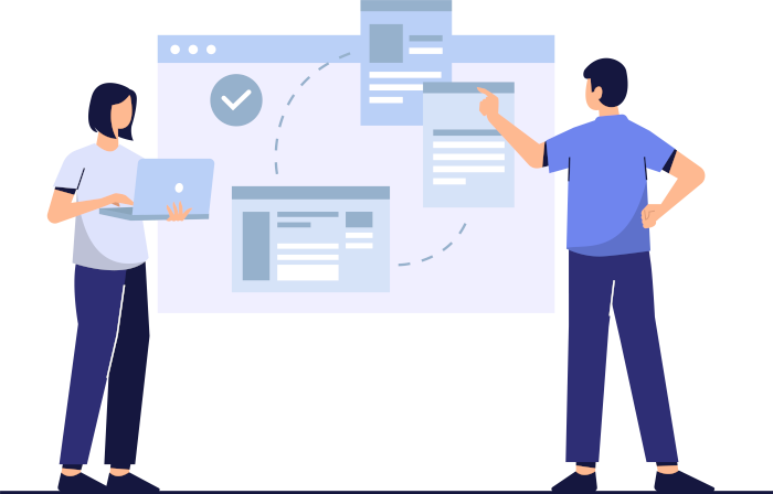 Graphic showing a person using a laptop and the screen projected on the wall, another person is listening to the users opinion, to represent user acceptance tests.