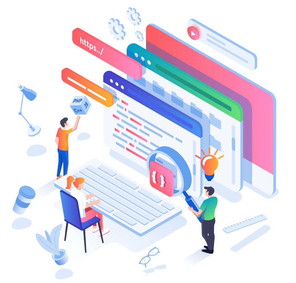 Image that shows people developing and coding a web app.