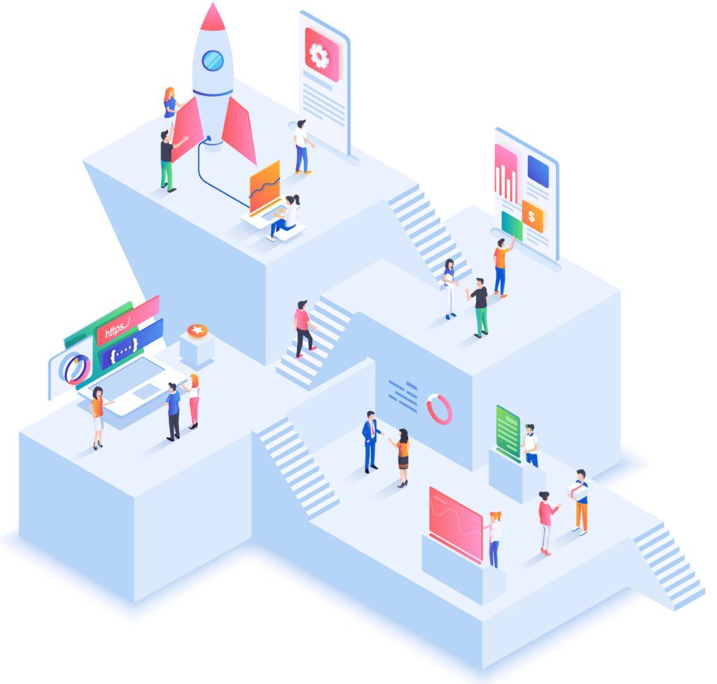Image that shows people on steps developing a web app, with a rocket for deployment of the software.