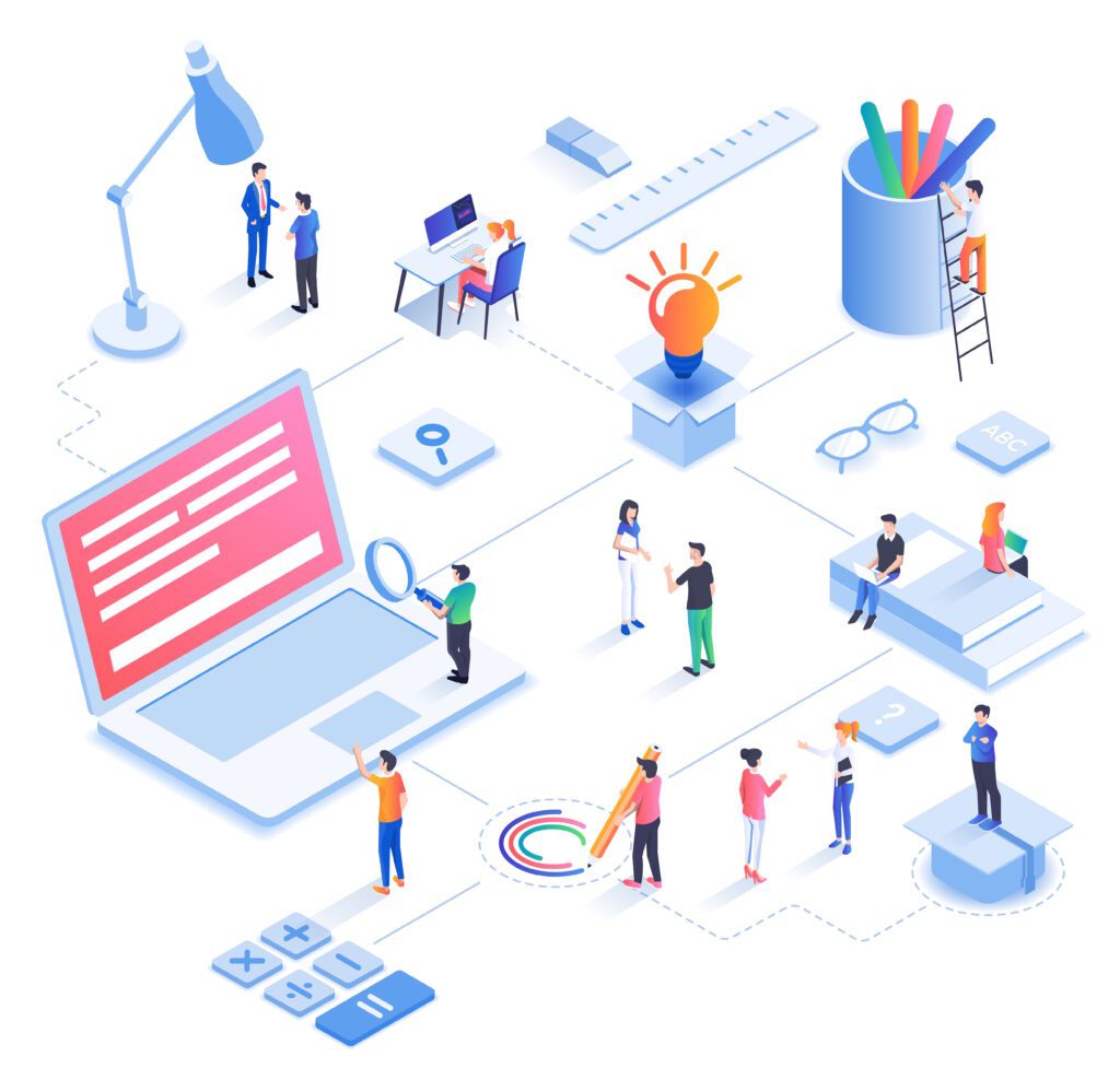 Image that shows people developing with laptop and drawings to represent designing a web app.