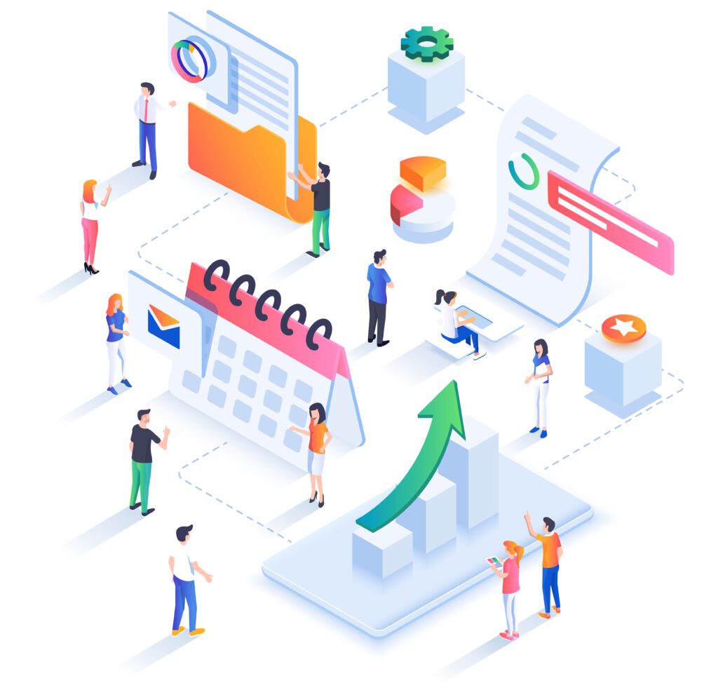 Image that shows people meeting and discussing the development of a web app.