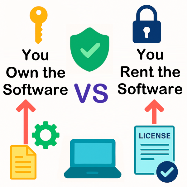 Graphic showing computer related icons and wording: You Own the Software vs You Rent the Software
