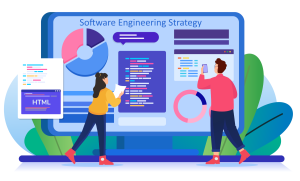 Graphic showing developers working on a software engineering strategy, with a large screen code and graphs.