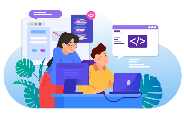 Graphic showing 2 people discussing and coding a software engineering strategy with code in the background diagrams laptop and desktop computer on a desk.