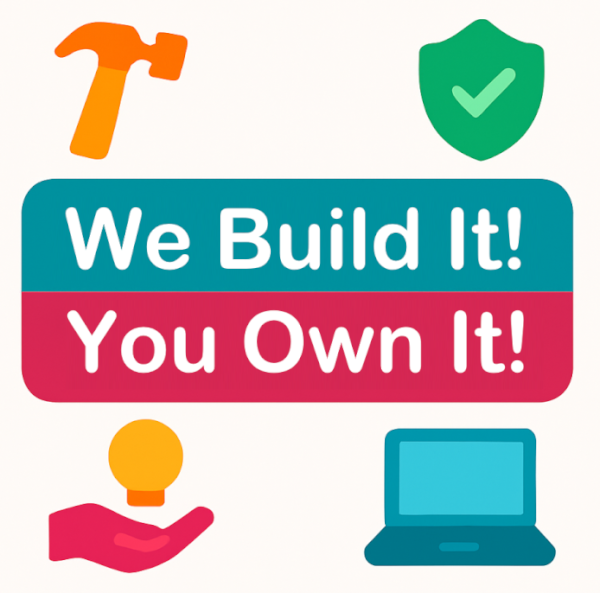 Graphic showing software icons and wording: We Build It! You Own It!