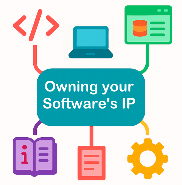 Graphic showing computer related icons with working: Owning your Software's IP.