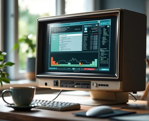 Photo of an legacy software system running on a computer within a modern office. Representing legacy software producing slow growth.