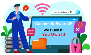 Graphics showing Man standing over laptop with custom software ip, on the screen.