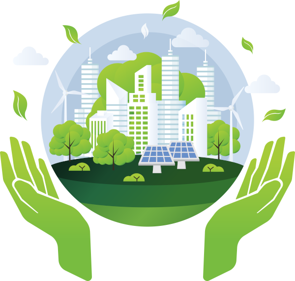 Graphic showing a circle or globe with a city with renewable energy held in hands to represent BSPOKE Software helping you with sustainable software.