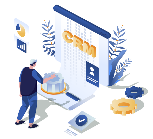 Graphic showing man building a CRM system.
