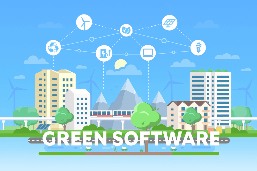 Graphic showing a green city with icon above it showing green imagery and a laptop to represent sustainable software.