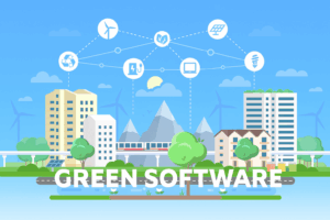 Graphic showing a green city with icon above it showing green imagery and a laptop to represent sustainable software.