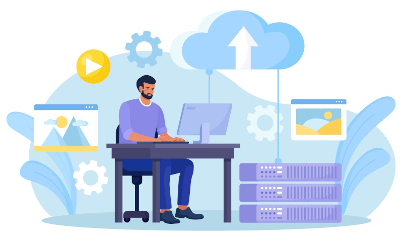 Graphic showing man sat at a desk developing software, to represent using a software development models.