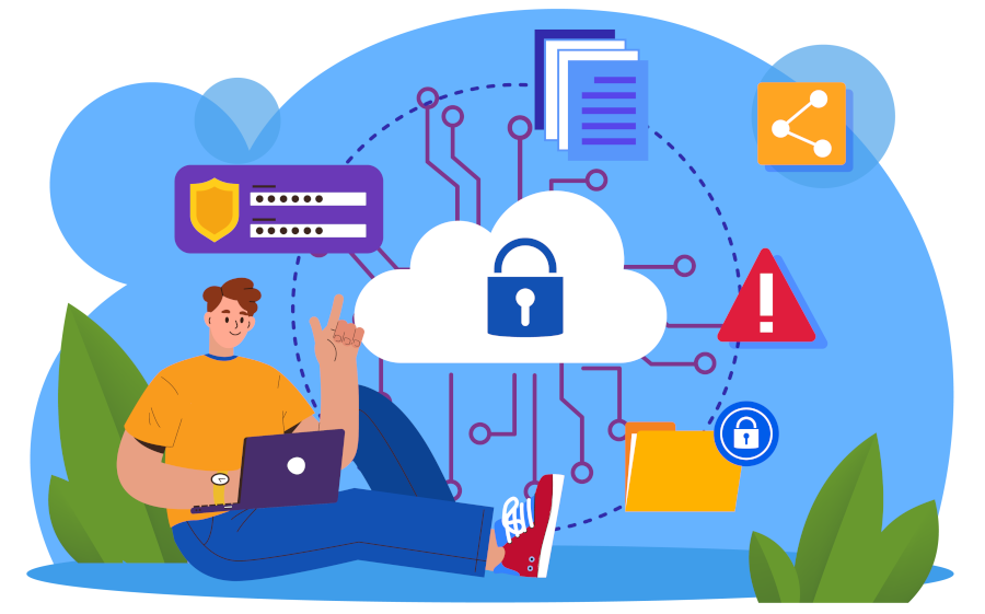 Graphic showing a man using a laptop and a cloud with a secure lock on it, plus login fields.