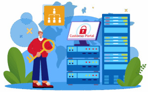 Graphic showing a person and a server stack and a monitor with secure login and customer portals written on it.