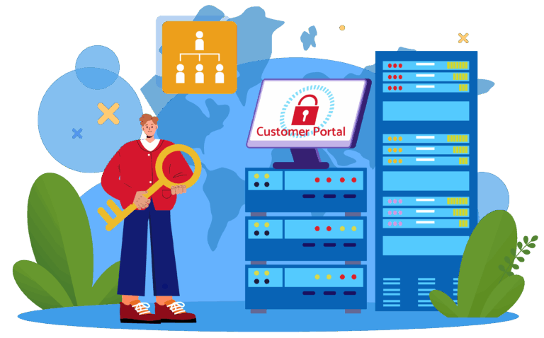 Graphic showing a person and a server stack and a monitor with secure login and customer portals written on it.