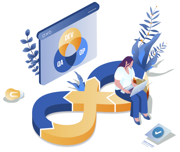 Graphic showing woman developing software with Dev Ops on a screen in the background.