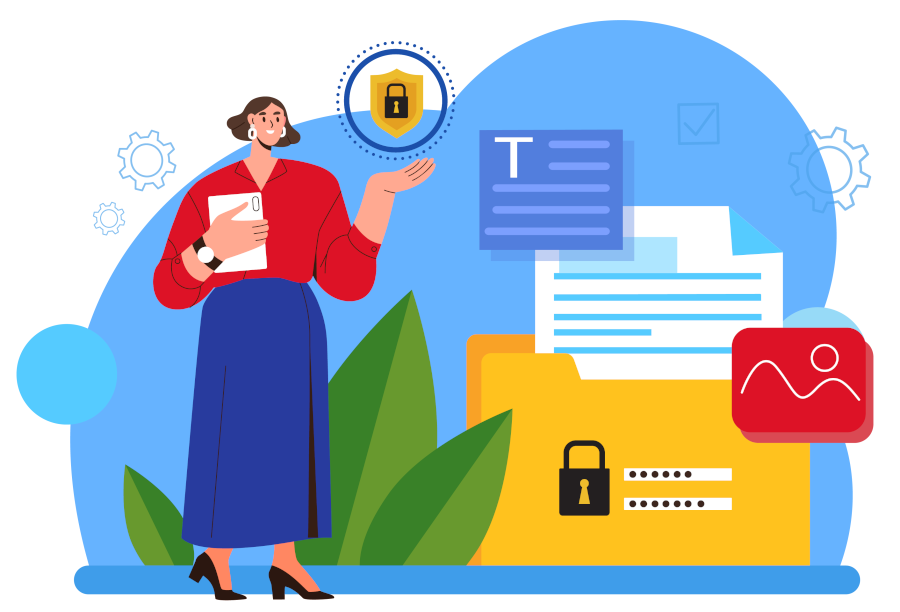 Graphic showing a woman with a large computer folder in the background and login fields.