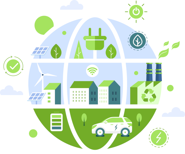 Graphic showing a world with icons and images that represent sustainable energy.