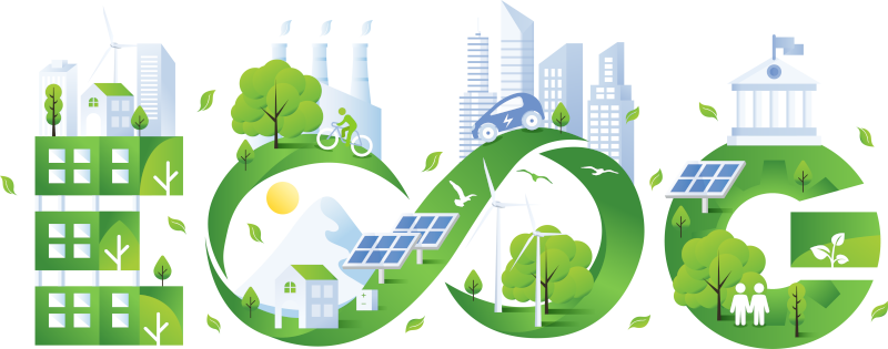 Graphic showing large ESG letters interweaved with icons showing green energy, representing the benefits of sustainable software.