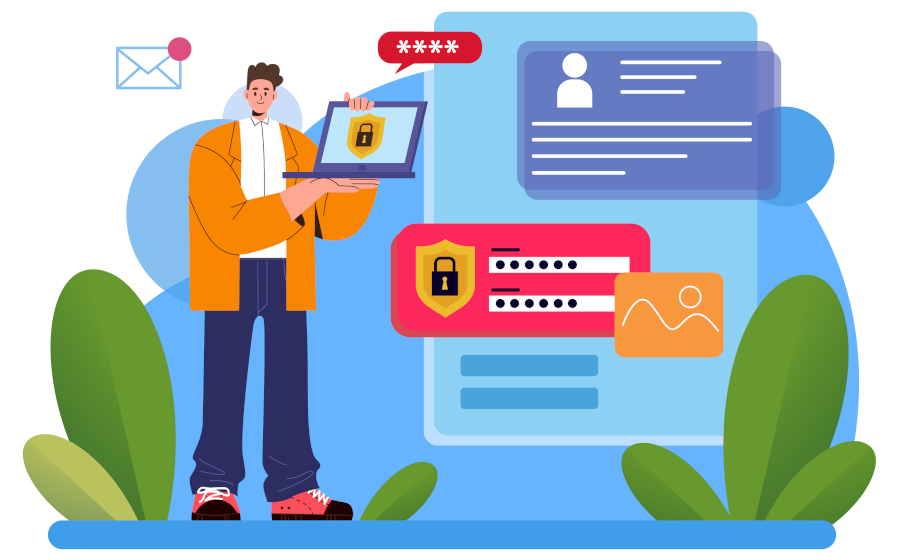 Graphic showing a man using a laptop a screen with a secure lock on it, plus login fields.