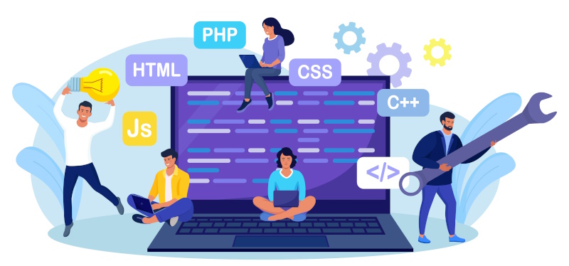 Graphic showing many people building software around a laptop with tags of different programming language names.