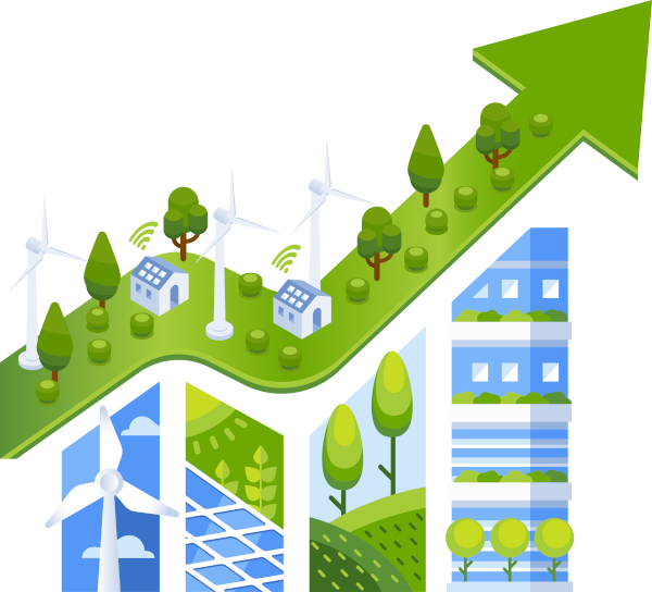 Graphic showing images of renewable energy underneath and on top of a large arrow in an upwards direction, to represent sustainable software helping with business growth.