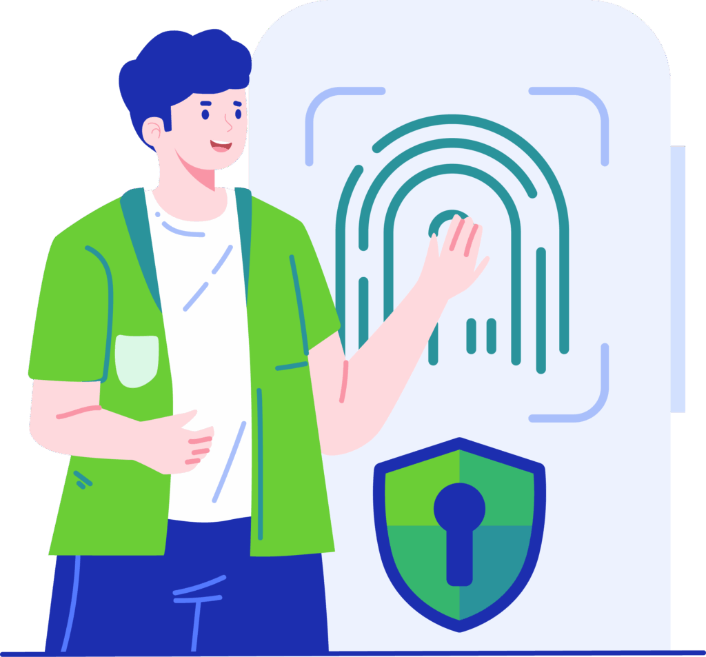 Graphic of a man with a computer and a large fingerprint.