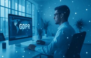 Photo of man using computer with GDPR written across it, to represent GDPR compliance software.