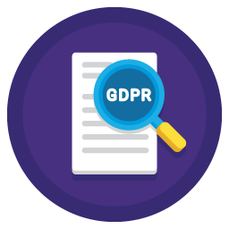 Graphic of document with magnifier with GDPR showing stop, in a purple circle, to represent audit trails and reporting.