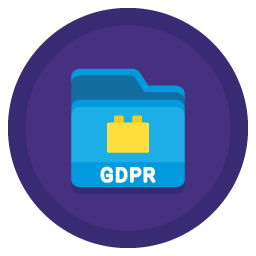 Graphic of folder with GDPR on it showing stop, in a purple circle to represent, saving time and money on software.