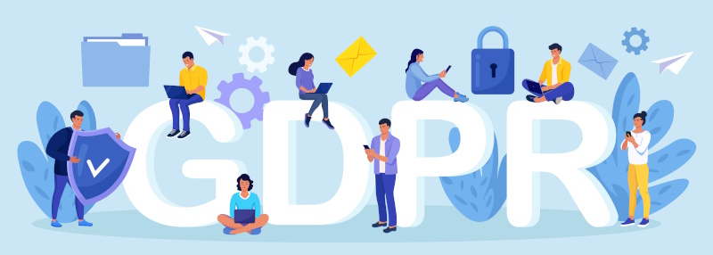 Graphic showing a large GDPR with people using software.