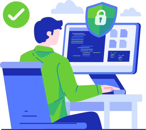 Graphic of a man with a computer and security icons.
