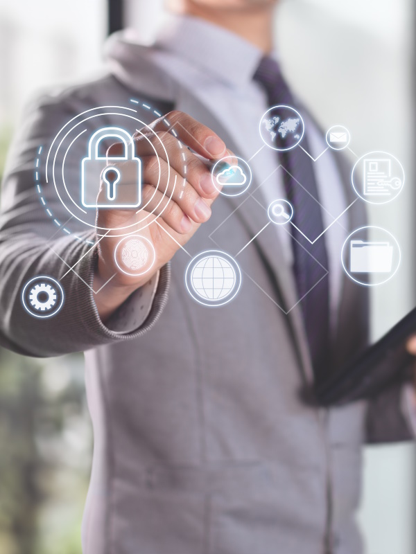 Photo of a man and security icons, pointing to a cloud icon.