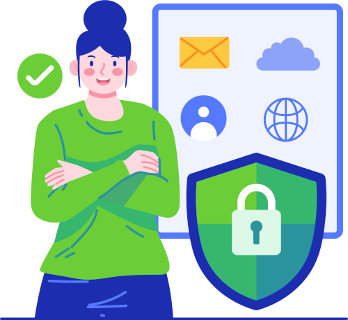 Graphic of a woman and computer security icons and email icon, to represent phishing.