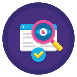 Graphic of computer window, magnifier and tick, in a purple circle, to represent automated checks.