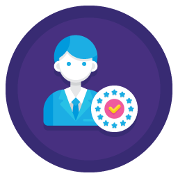 Graphic of man with tick, in a purple circle, to represent improving compliance without disturbing your team.