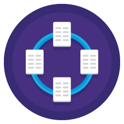 Graphic of documents with a blue circle linking them, in a purple circle, to represent connects your existing systems.