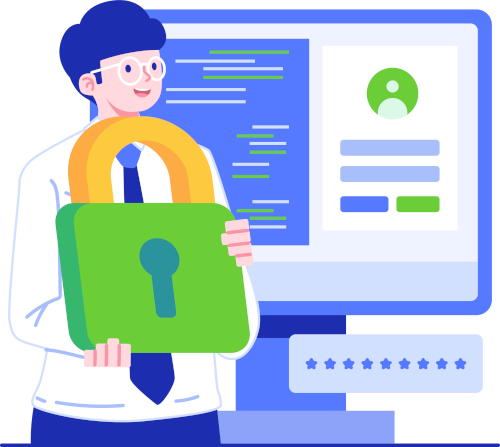 Graphic of a man with a computer and a large lock.