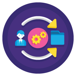 Graphic of data server with tick, in a purple circle, to represent matching exact processes.