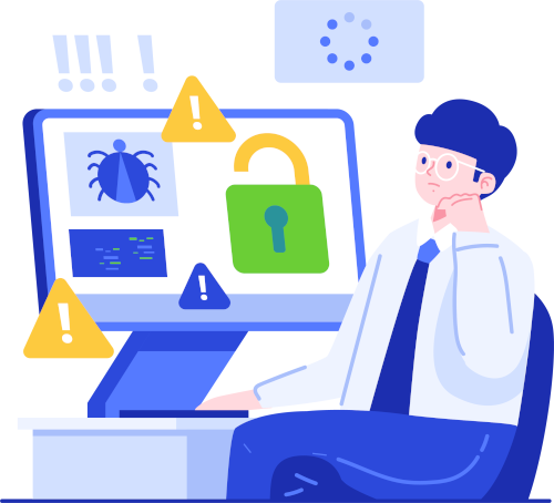 Graphic of a man with computer bugs to represent data security leaks due to viruses and malware.