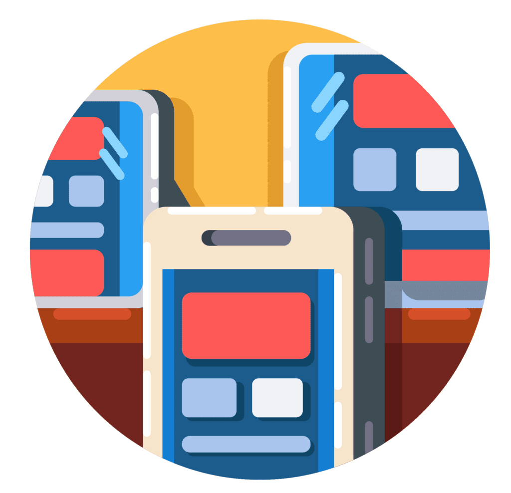 Graphics showing mobile devices, to represent cross platform development.