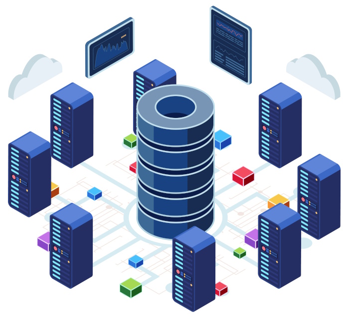 Graphic showing large server, surrounded by smaller servers.