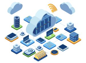 Graphic showing a large cloud with servers across it, with a tall server behind it and other technology linking to the cloud, represent cloud scaling.